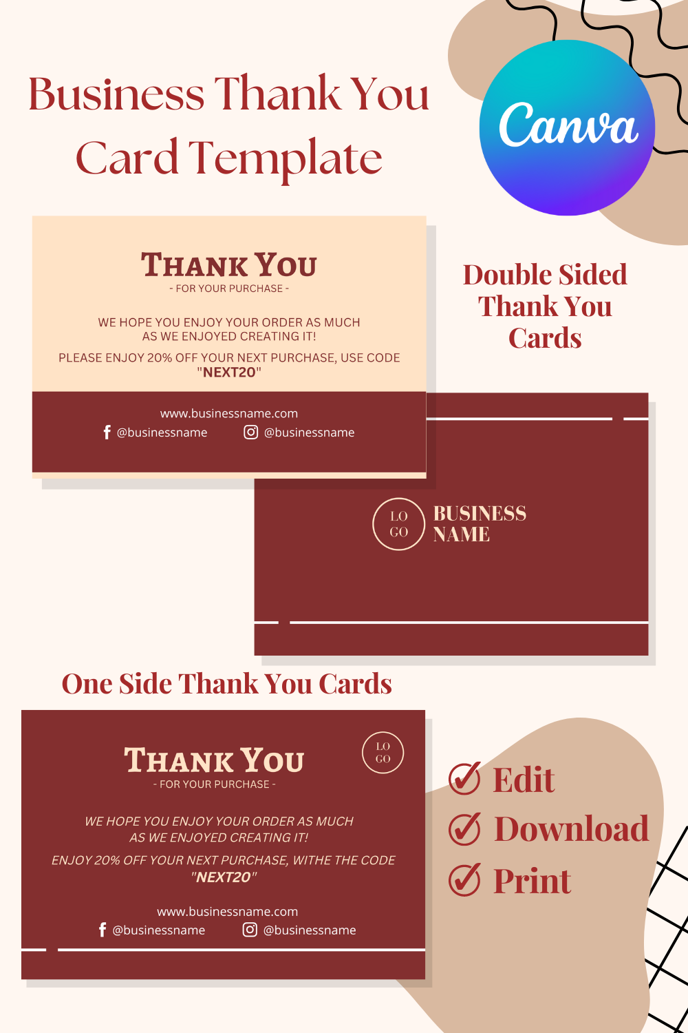 Thank You Card Printable Business Template pinterest image.
