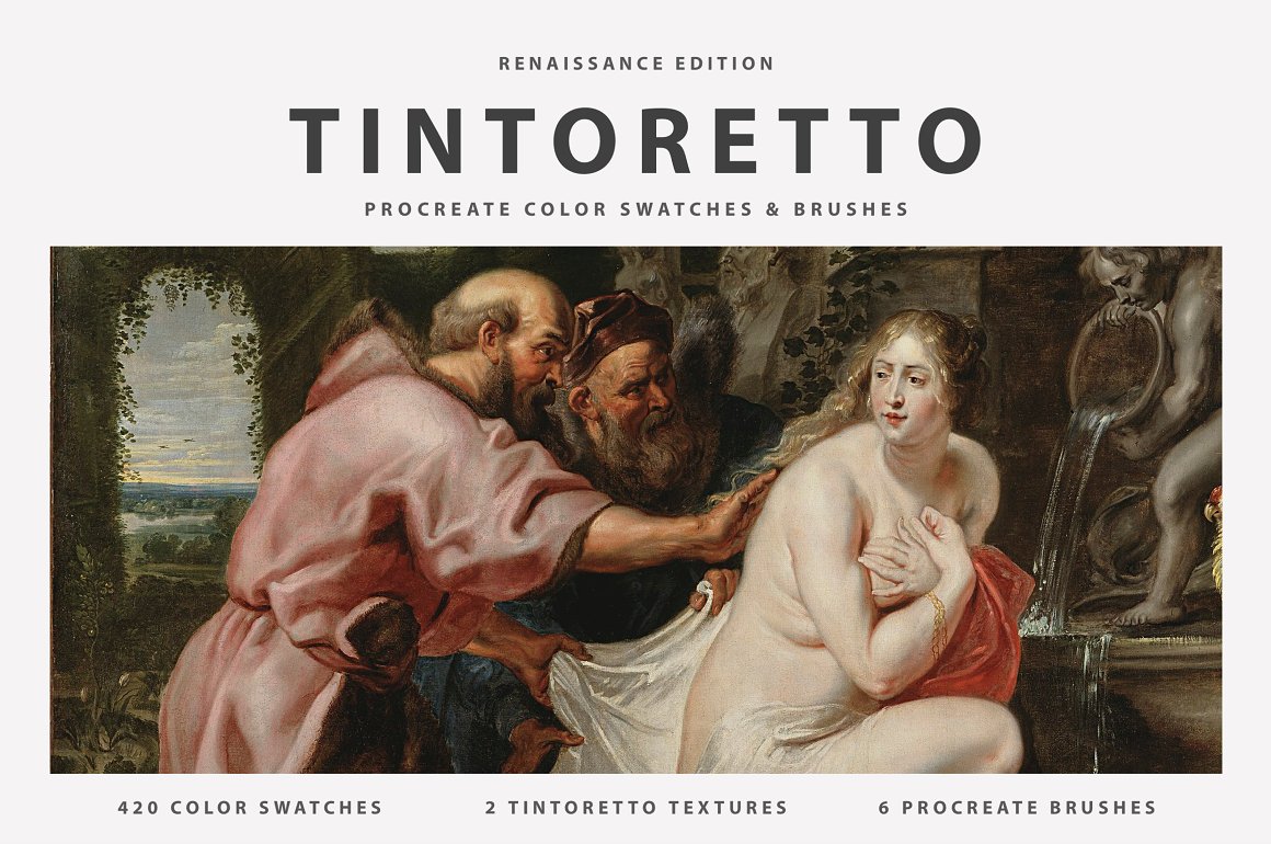 Black lettering "Tintoretto" and a drawing in the Renaissance style on a gray background.
