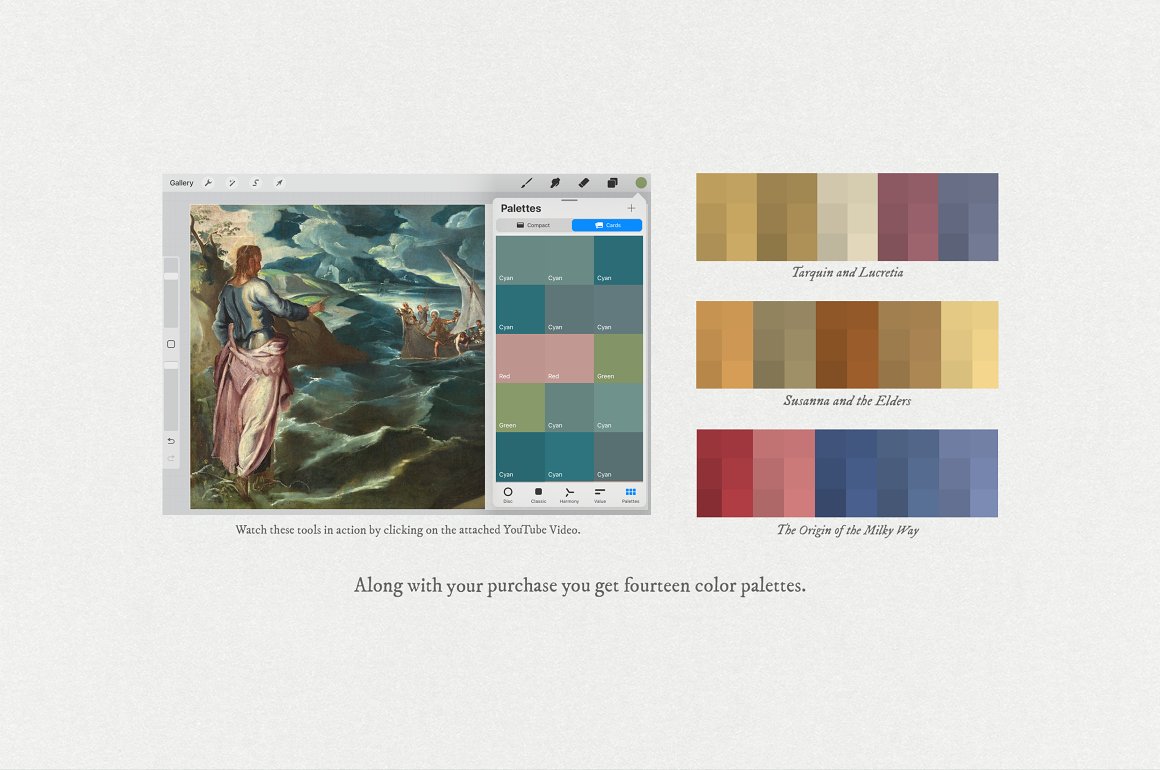 3 examples of a color palette and a drawing in this palette on a gray background.