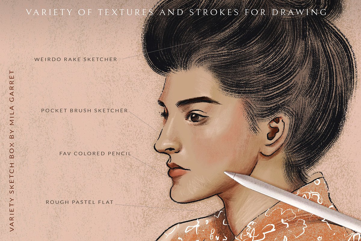 Variety of textures and strokes for drawing.