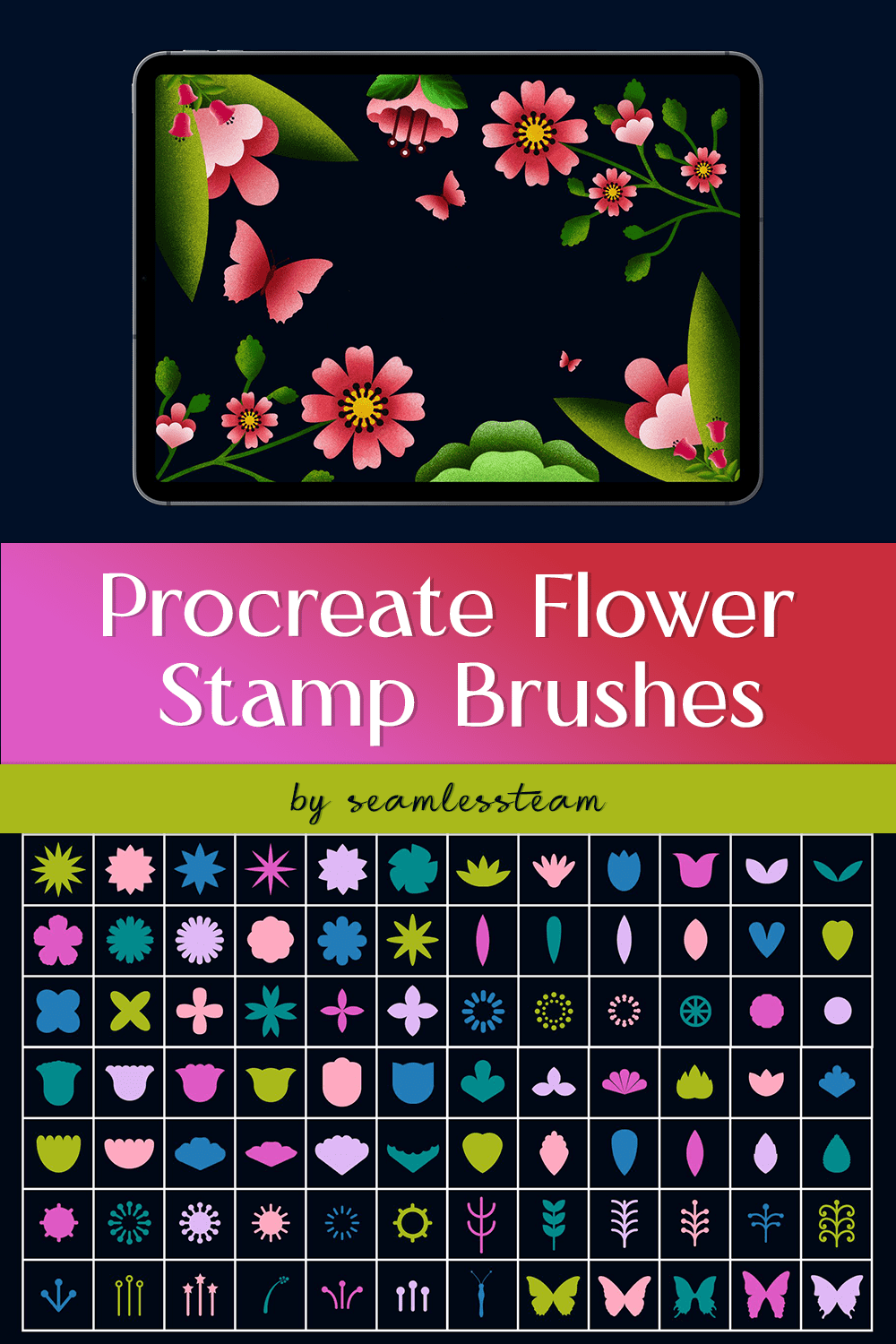 Procreate Flower Stamp Brushes - pinterest image preview.