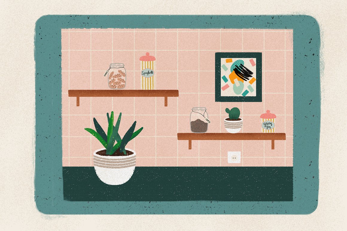 Kitchen drawing with brushes for sugar and spices.