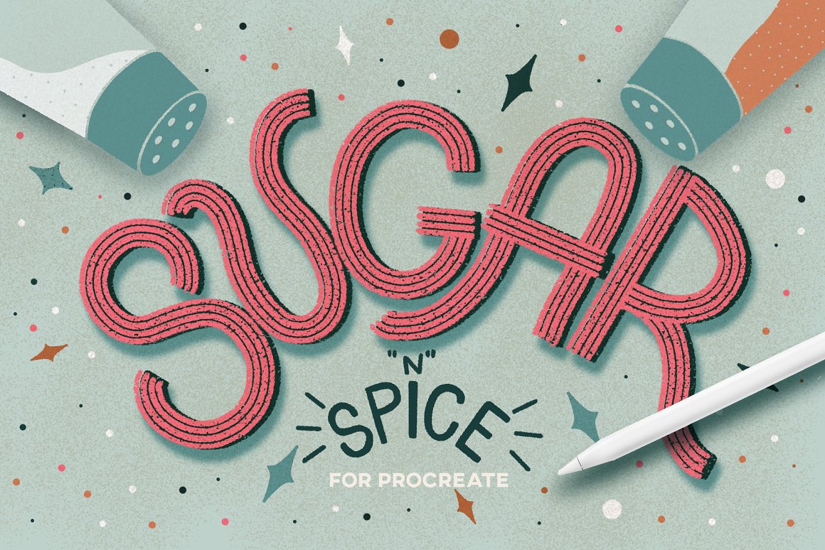 Pink lettering "Sugar" with brushes for sugar on a light blue background.