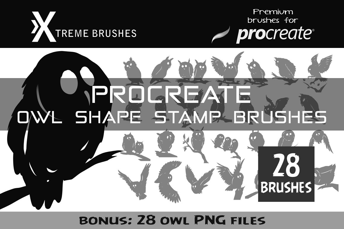 White lettering "Procreate Owl Shape Stamp Brushes" on a gray background and different illustrations of owl.