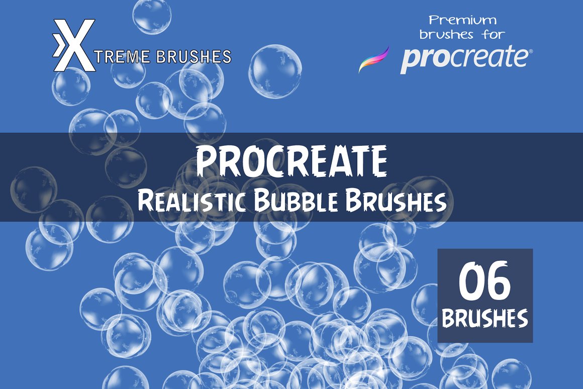 White lettering "Procreate Realistic Bubble Brushes" and bubbles on a blue background.