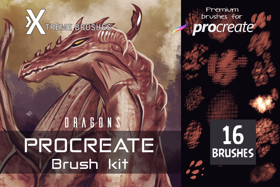 White lettering "Dragon Procreate Brush Kit" and brown dragon.