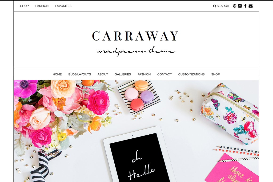 Homepage with black lettering "Carraway Wordpress Theme" and beautiful banner.