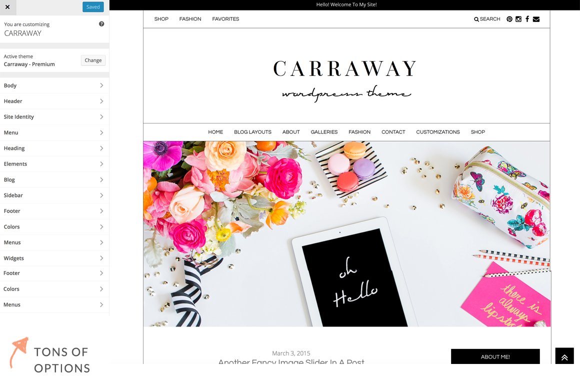 An example of editing homepage with title "Carraway Wordpress Theme".