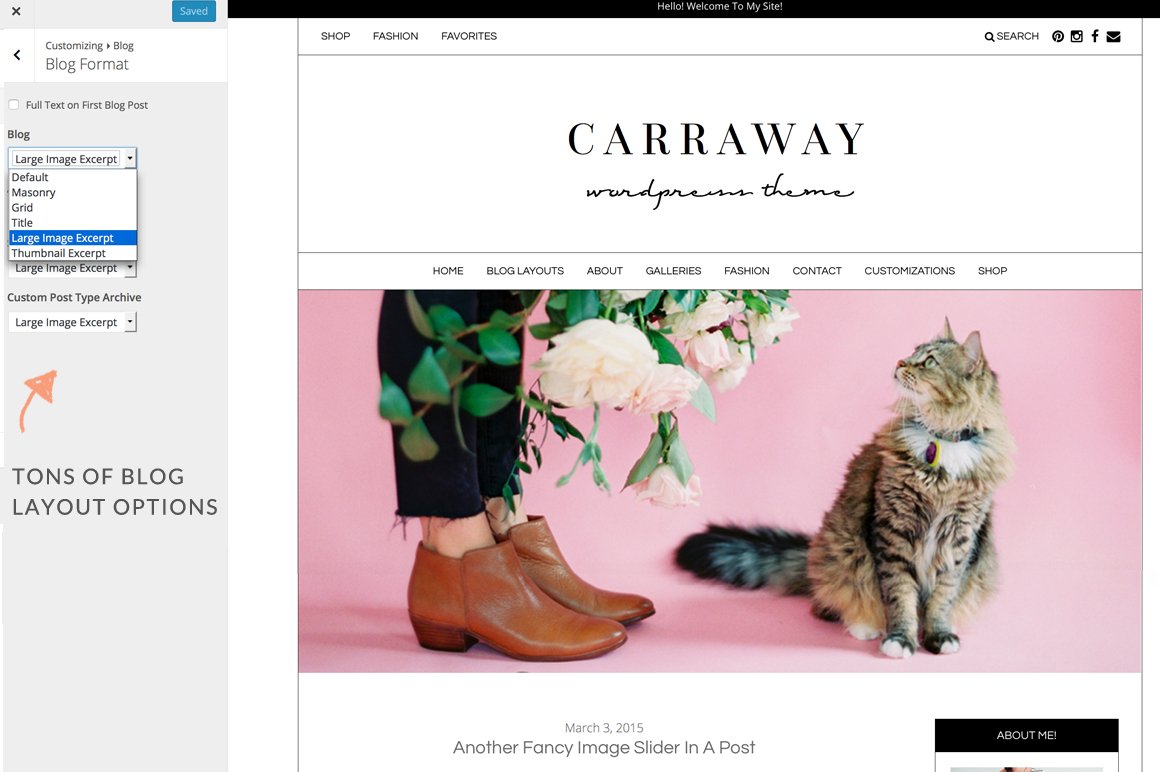 Black title "Carraway" on the white homepage with beautiful photo with cat.