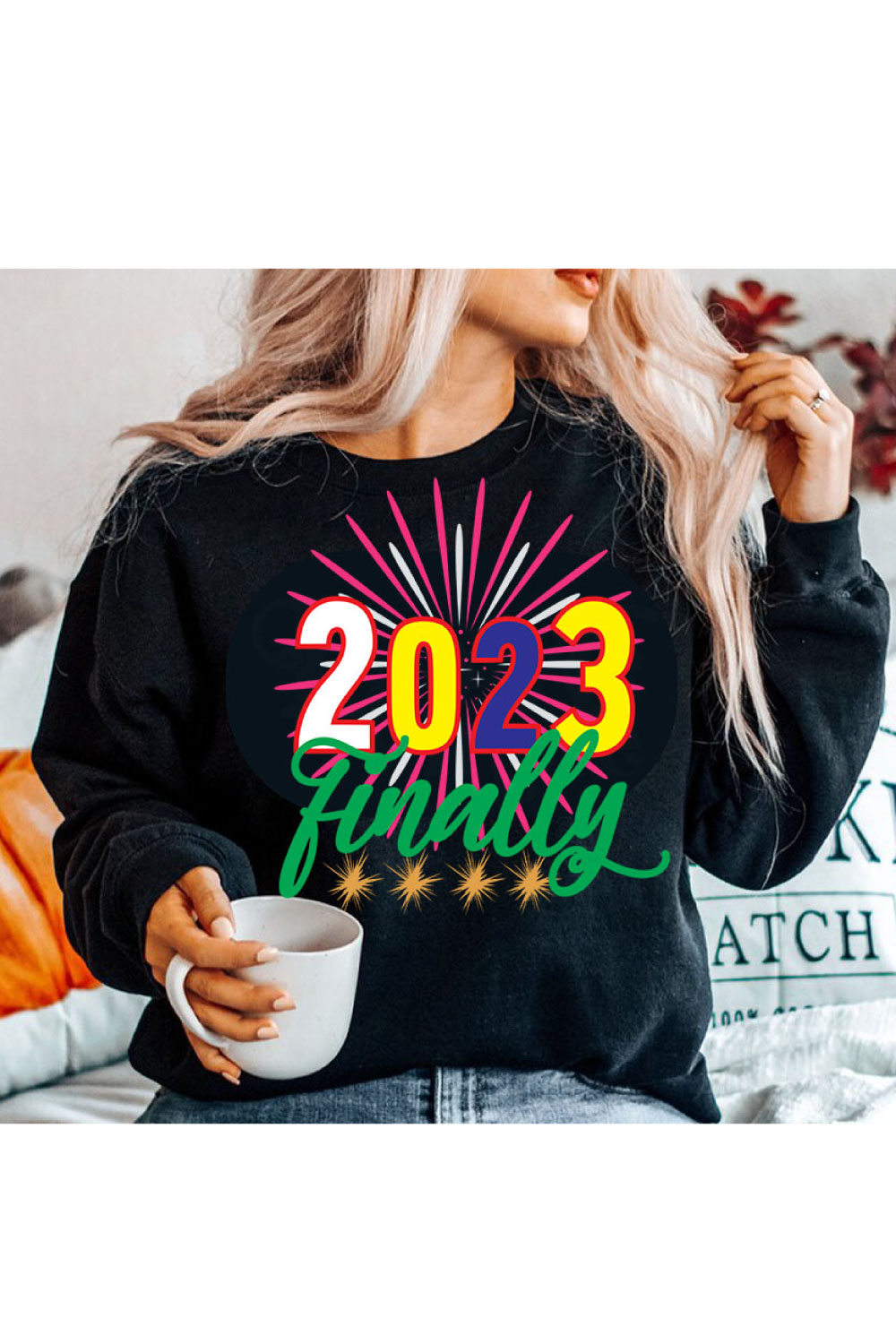 Image of a black sweatshirt with an irresistible slogan 2023 Finally.