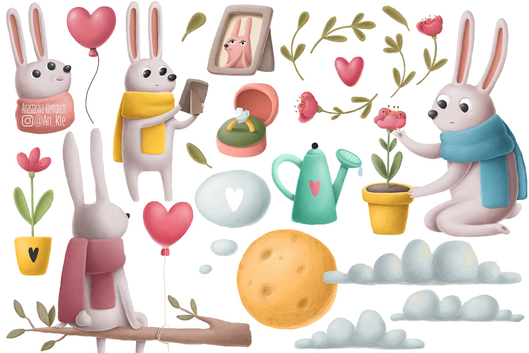 Separate elements to create an illustration with rabbit is fall in love.