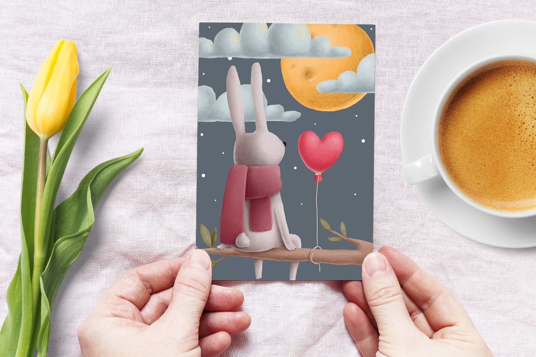 So beautiful and creative romantic postcard with the rabbit in the night.