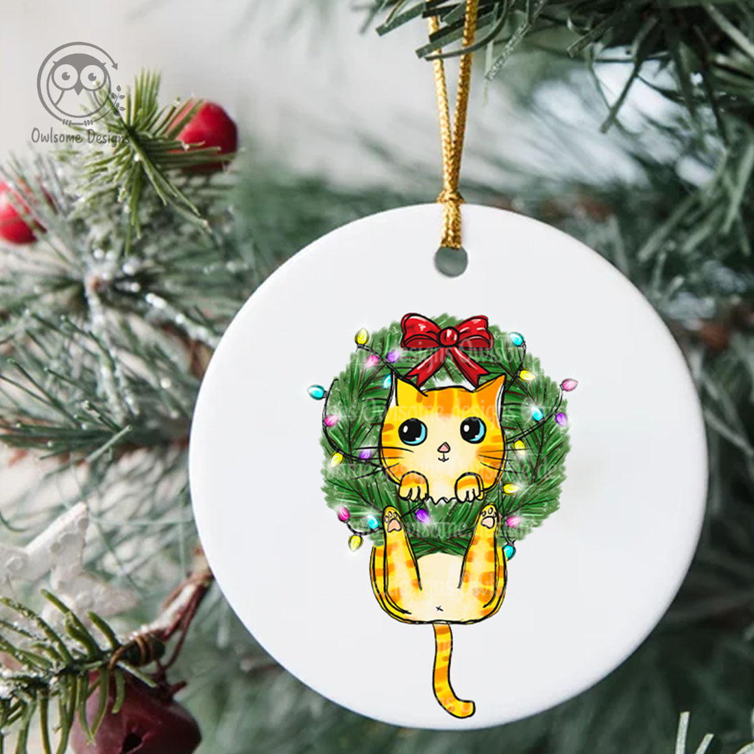 Image of a New Year's toy with an irresistible print a cat on a Christmas tree wreath.