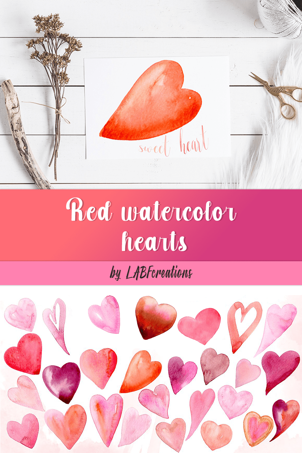 Red Watercolor Hearts - pinterest image preview.