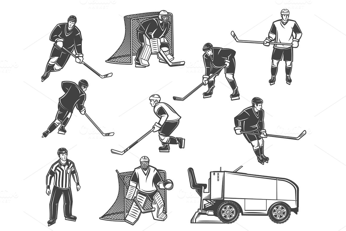 A set of 10 different black ice hockey players illustrations on a white background.