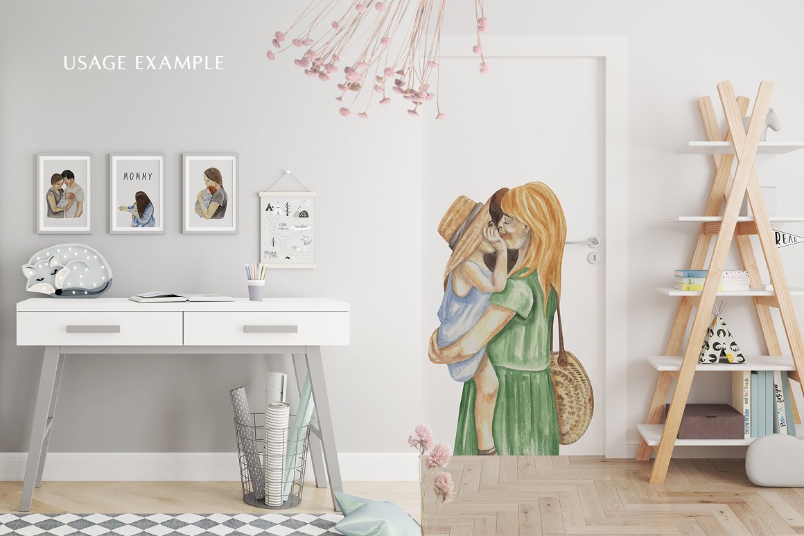 Room decoration with mother's day watercolor illustrations.