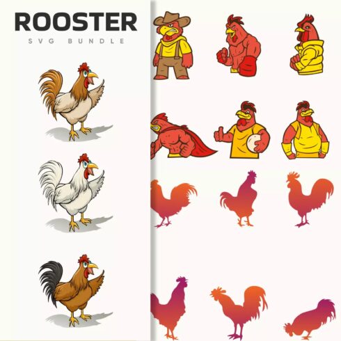 Picture of roosters and roosters in different poses.