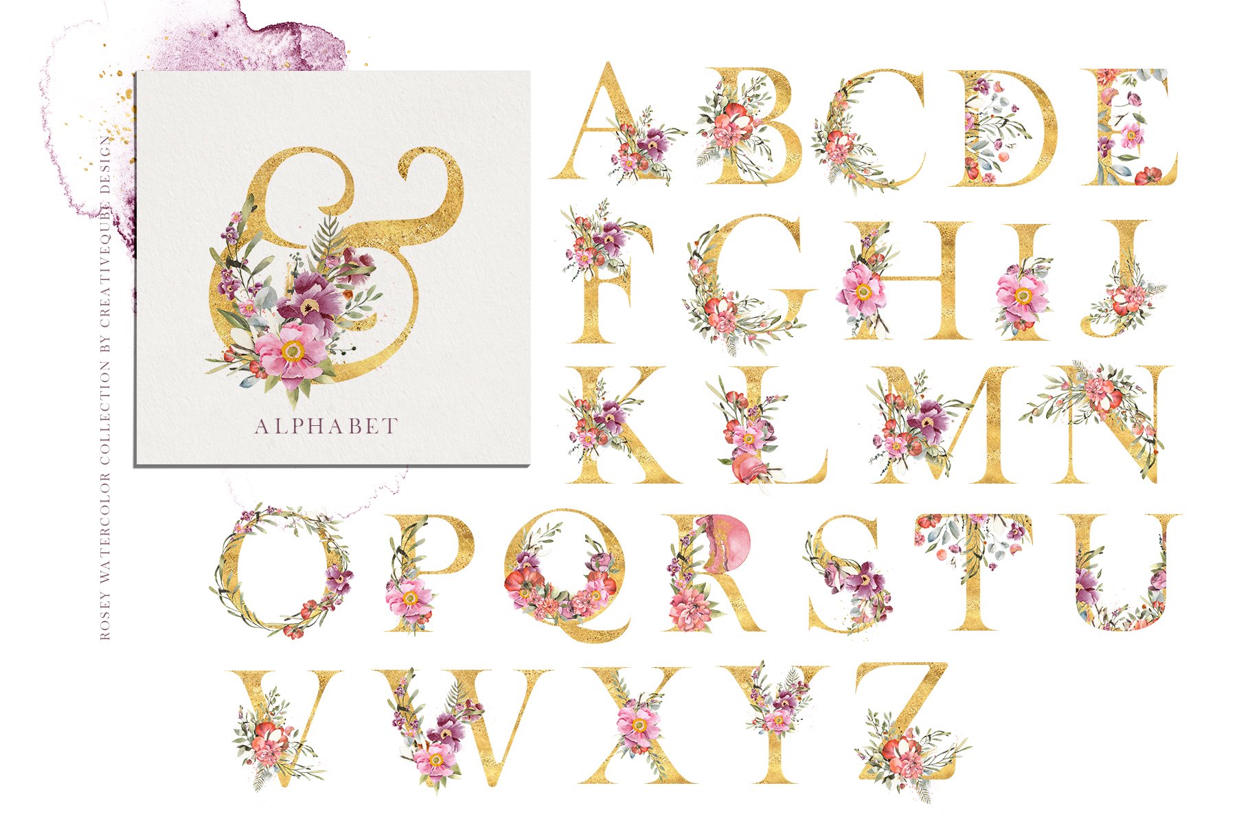 Rosey watercolor alphabet.