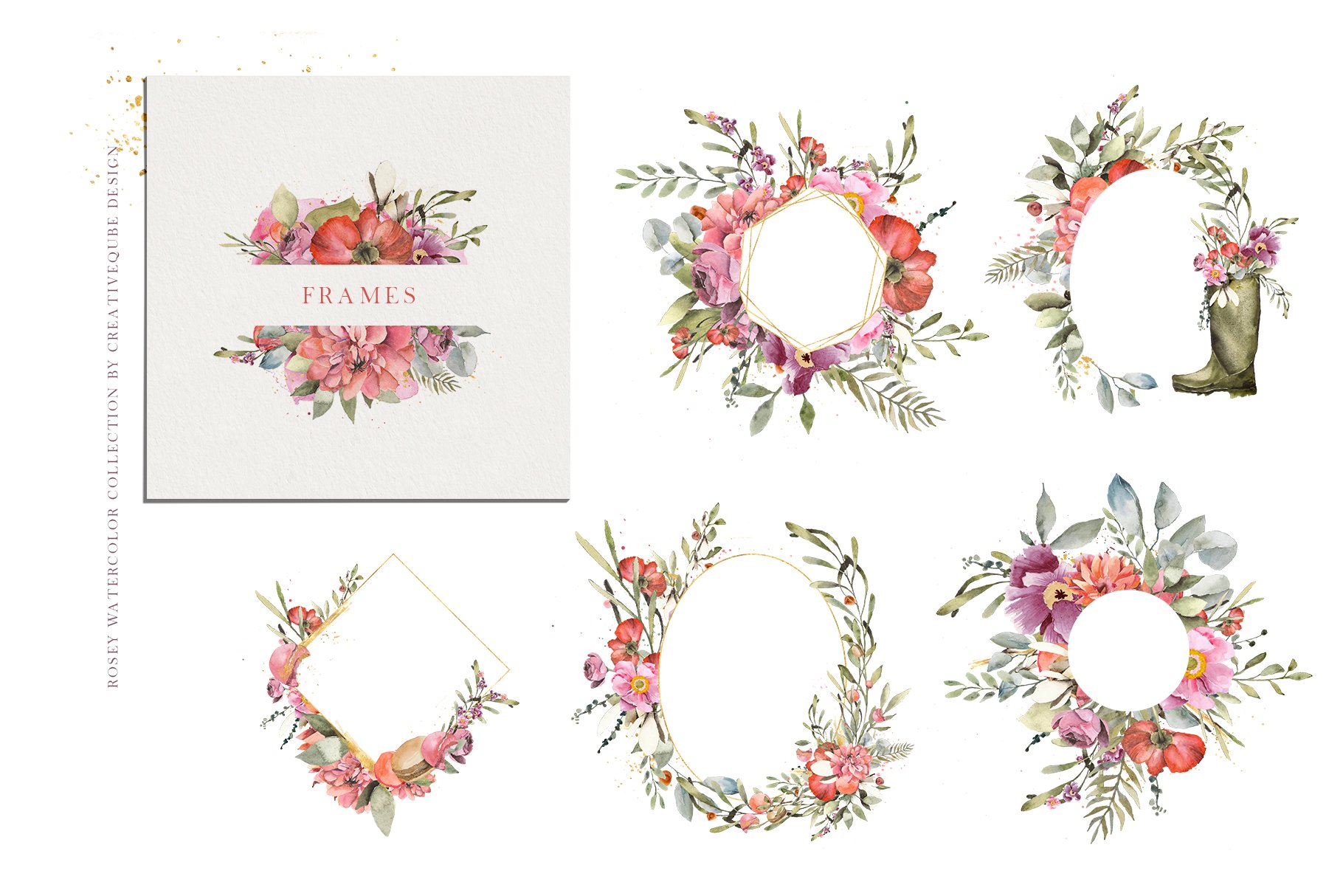 Rosey watercolor collection of frames.