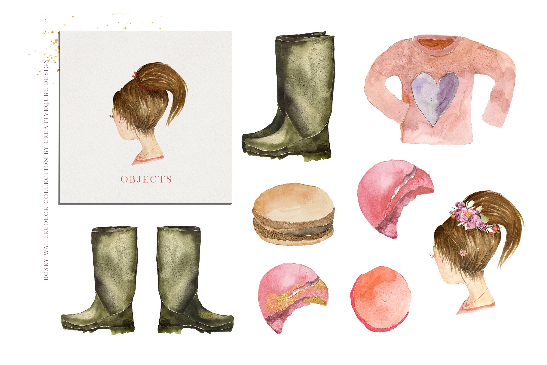 Rosey watercolor collection of objects.