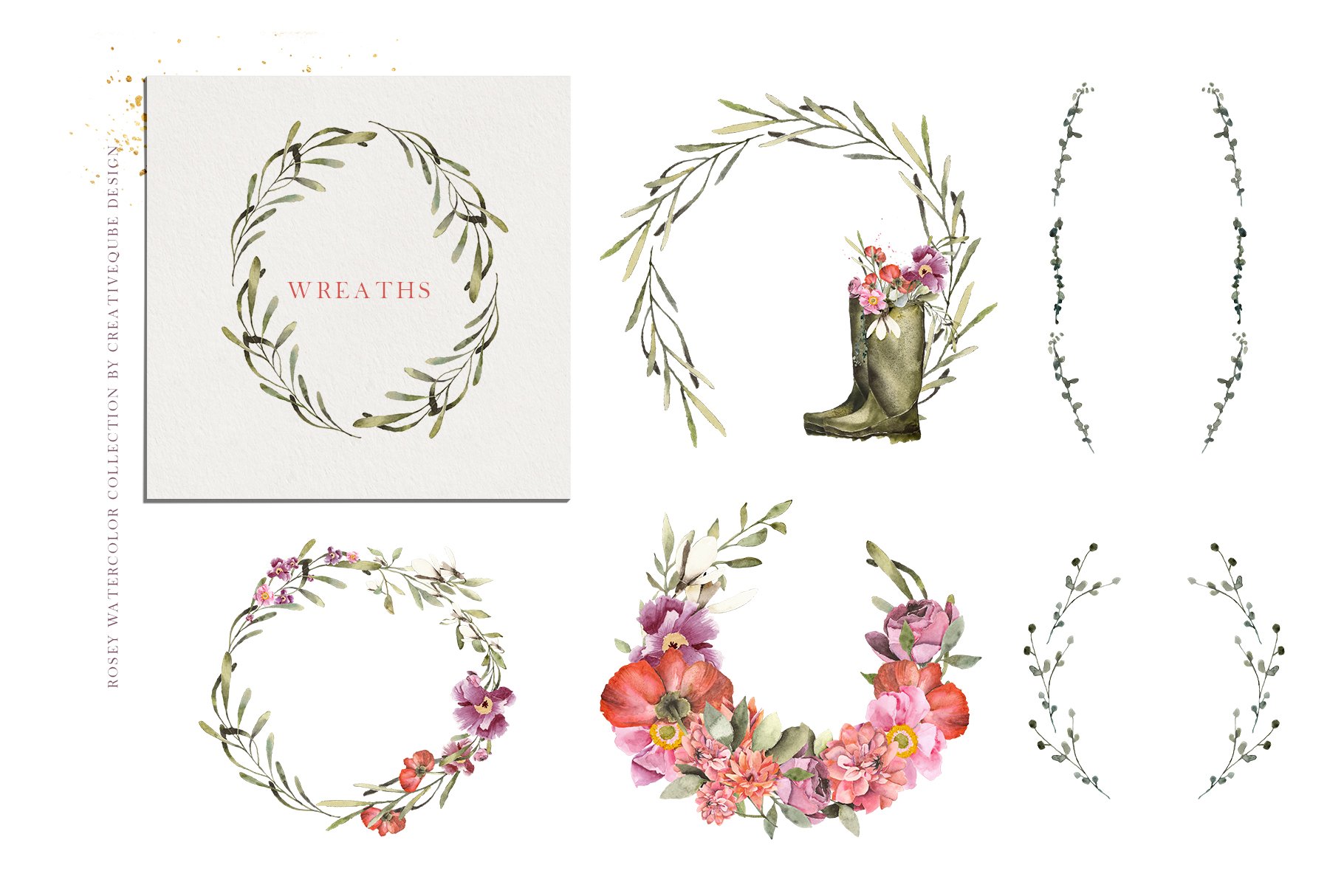 Rosey watercolor collection of floral wreaths.