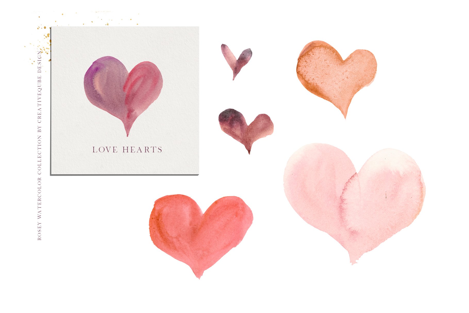 Rosey watercolor collection of love hearts.
