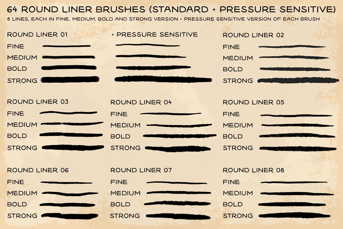64 Round Liner Brushes (32 Pressure Sensitive + 32 Standard).