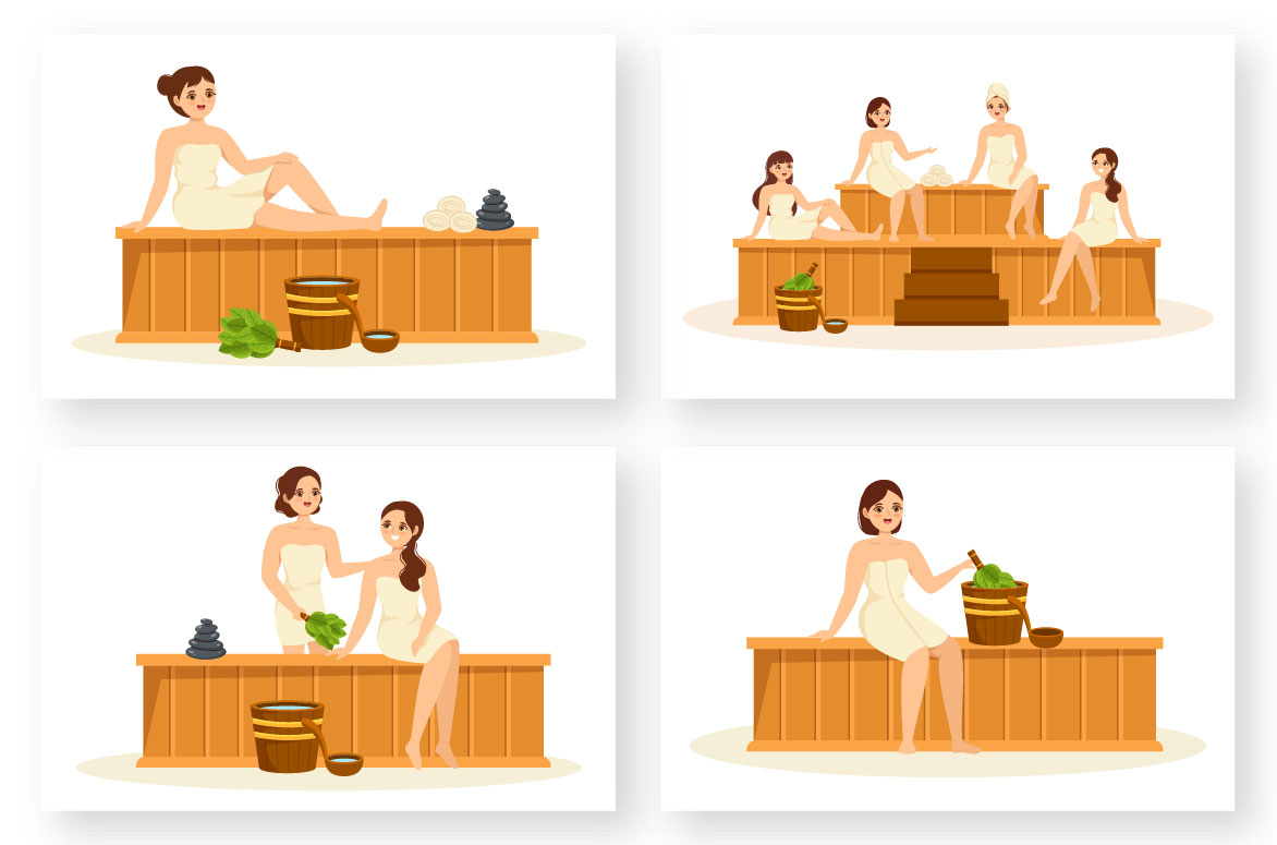 Bundle of amazing images with people in the sauna.