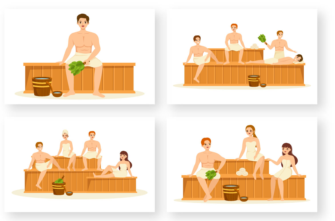 Pack of great images with people in the sauna.