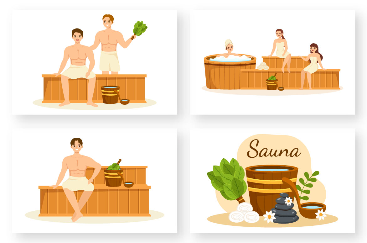 Collection of enchanting images with people in the sauna.