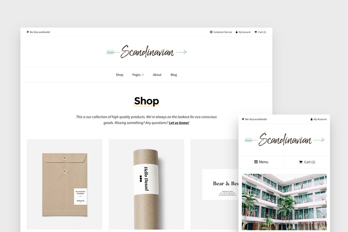 Web and mobile versions of scandinavian - minimal WP shop theme.