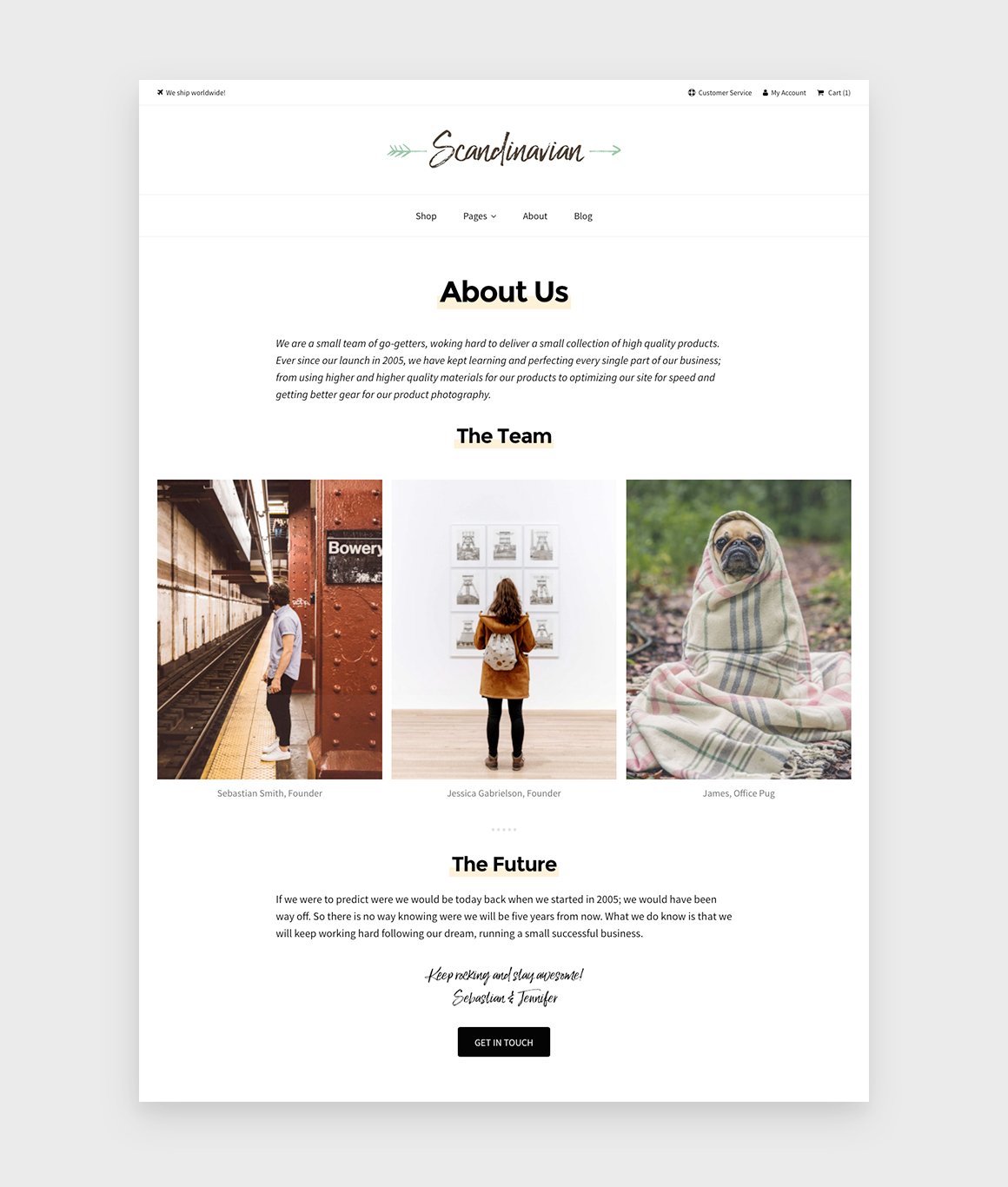 Page "About us" of scandinavian - minimal WP shop theme.