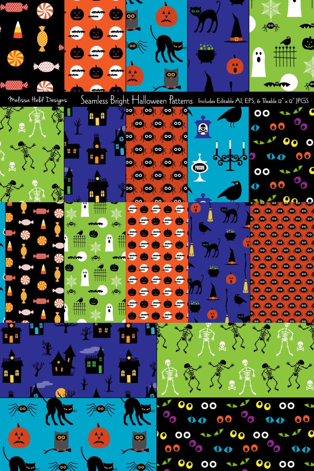 Seamless Bright Halloween Patterns - pinterest image preview.