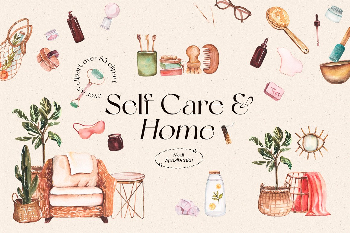 Black lettering "Self-Care & Home" and different illustrations of self care products.