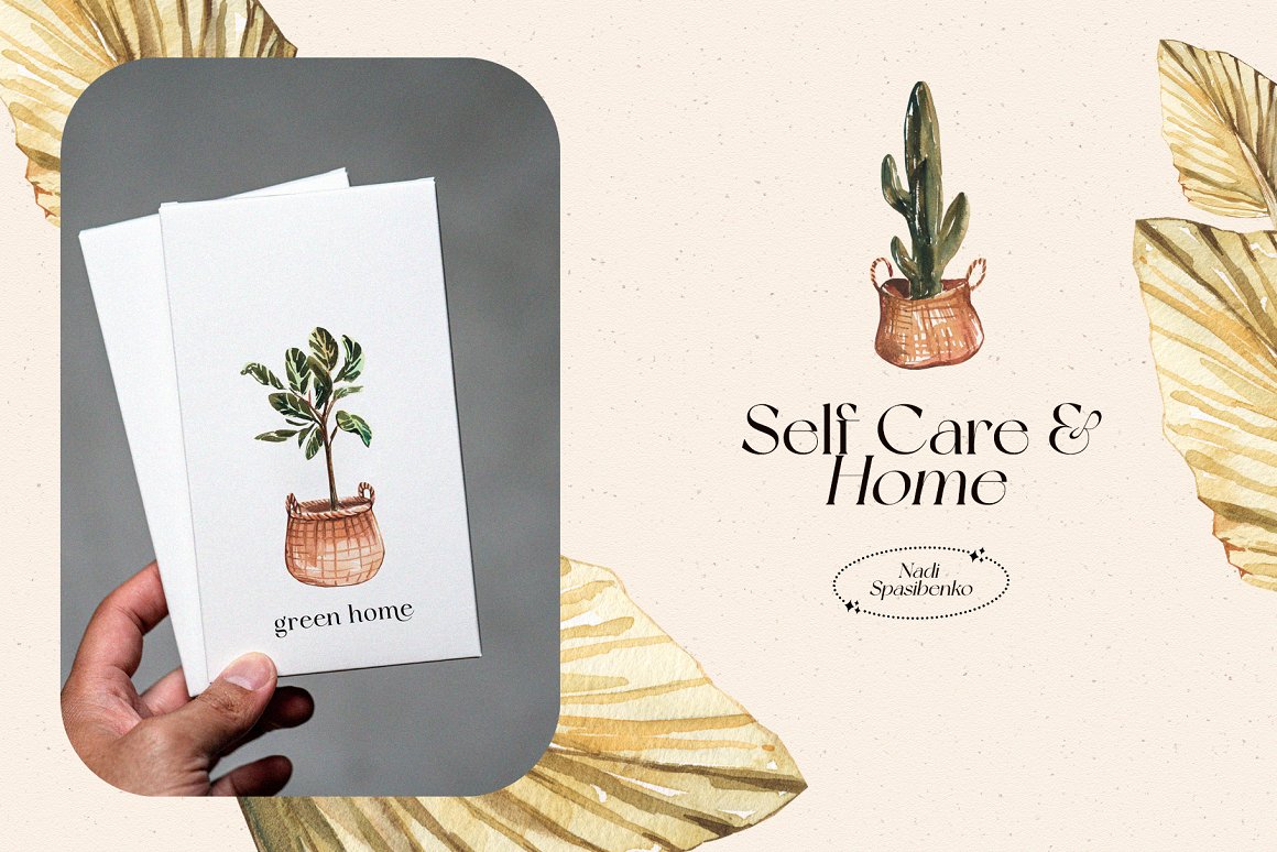 White card with plant and lettering "Self-Care & Home".