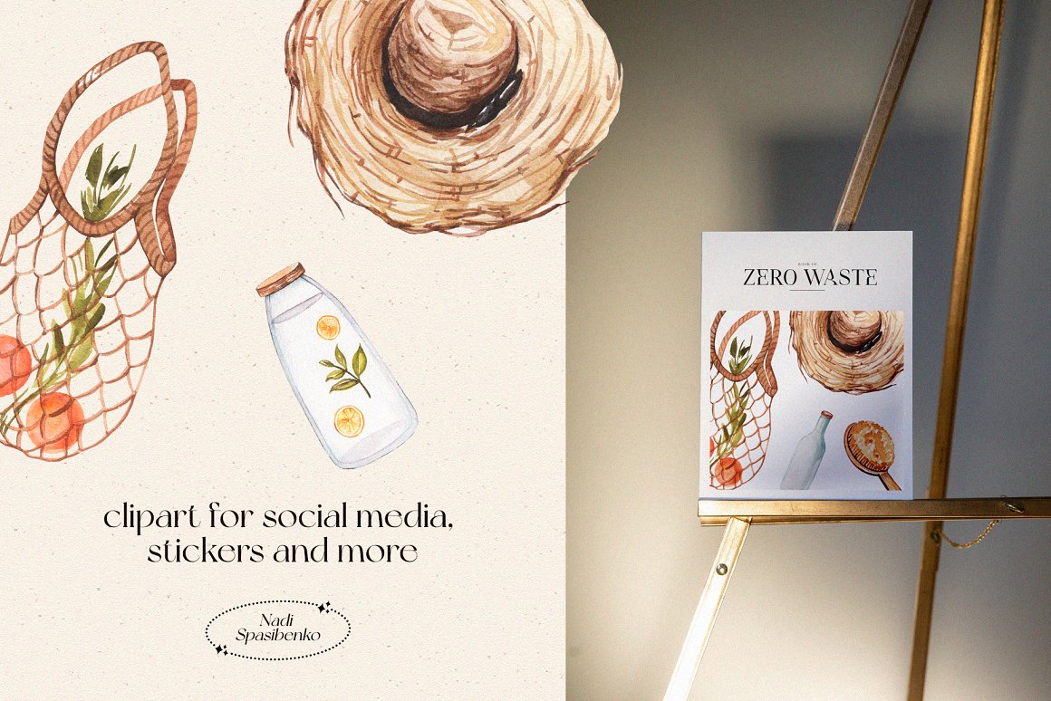 White postcard with letetring "Zero waste" and different watercolor illustrations.