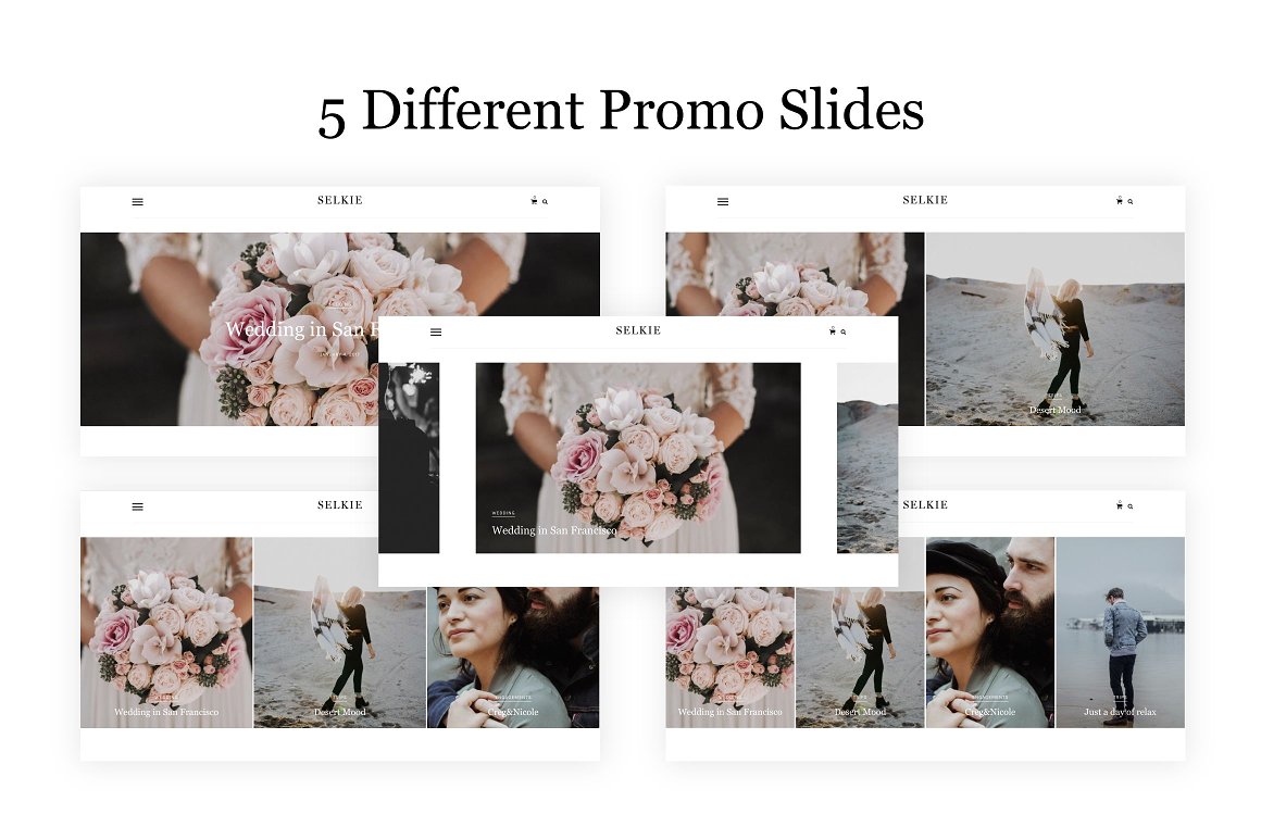 5 different promo slides on a white background.