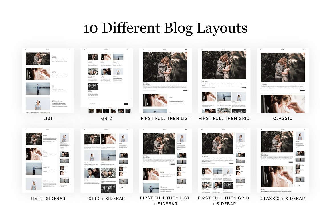 10 different blog layouts on a white background.