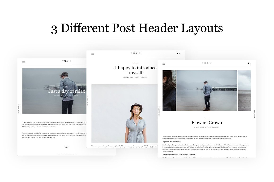 3 different post header layouts on a white background.
