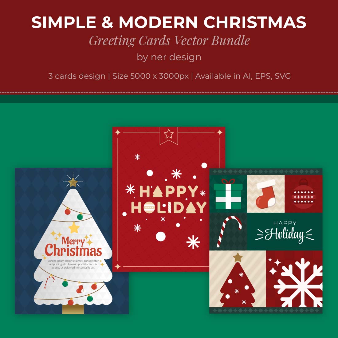 Simple Modern Christmas Greeting Cards Vector Design cover image.