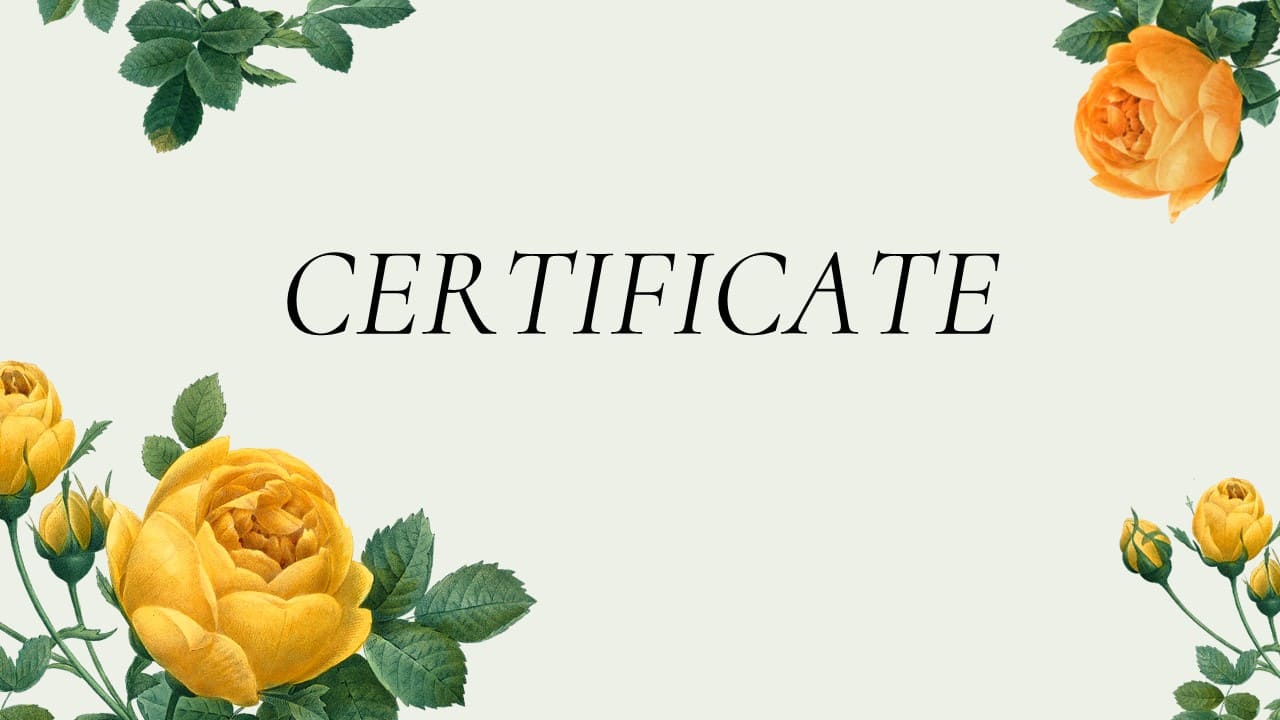 Title sllide "Certificate" with flower illustrations.