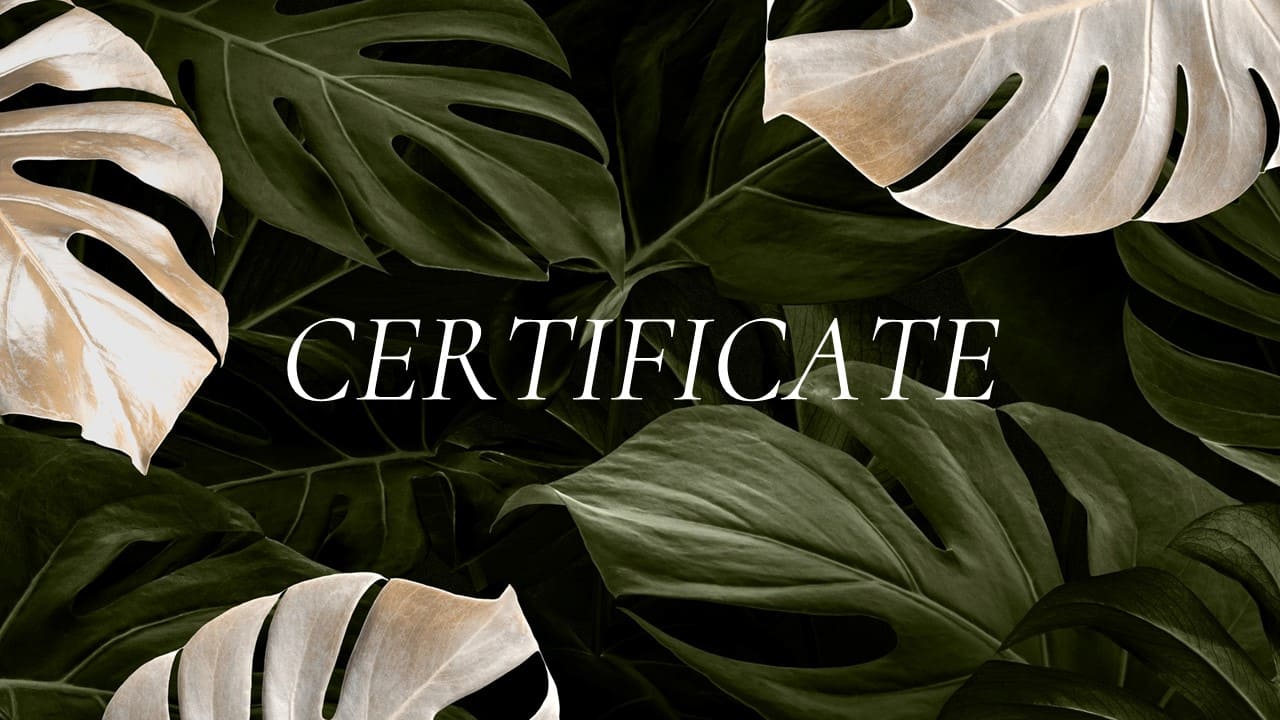 White title "Certificate" on the image of plant leaves.