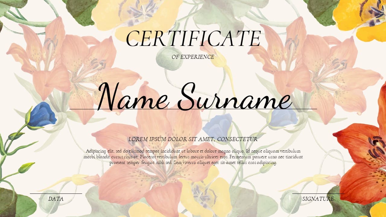 An example of colorful certificate with flower illustrations.