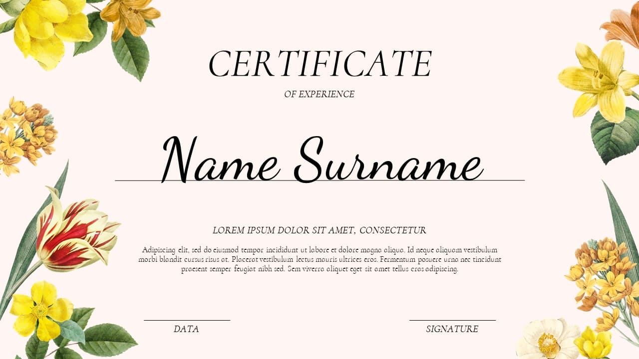 Perfect slide for certificate with yellow illustrations of flowers.