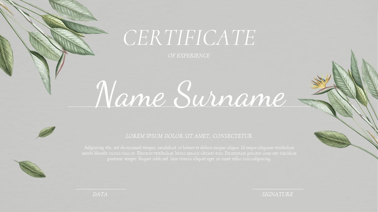 Minimalist slide with your certificate and leaves illustrations.