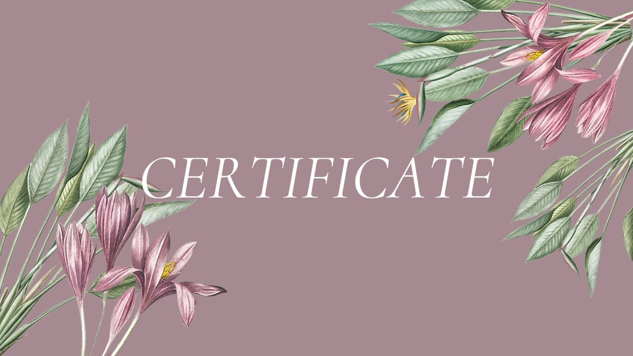 Beautiful slide with white title "Certificate" and purple illustrations of flowers.