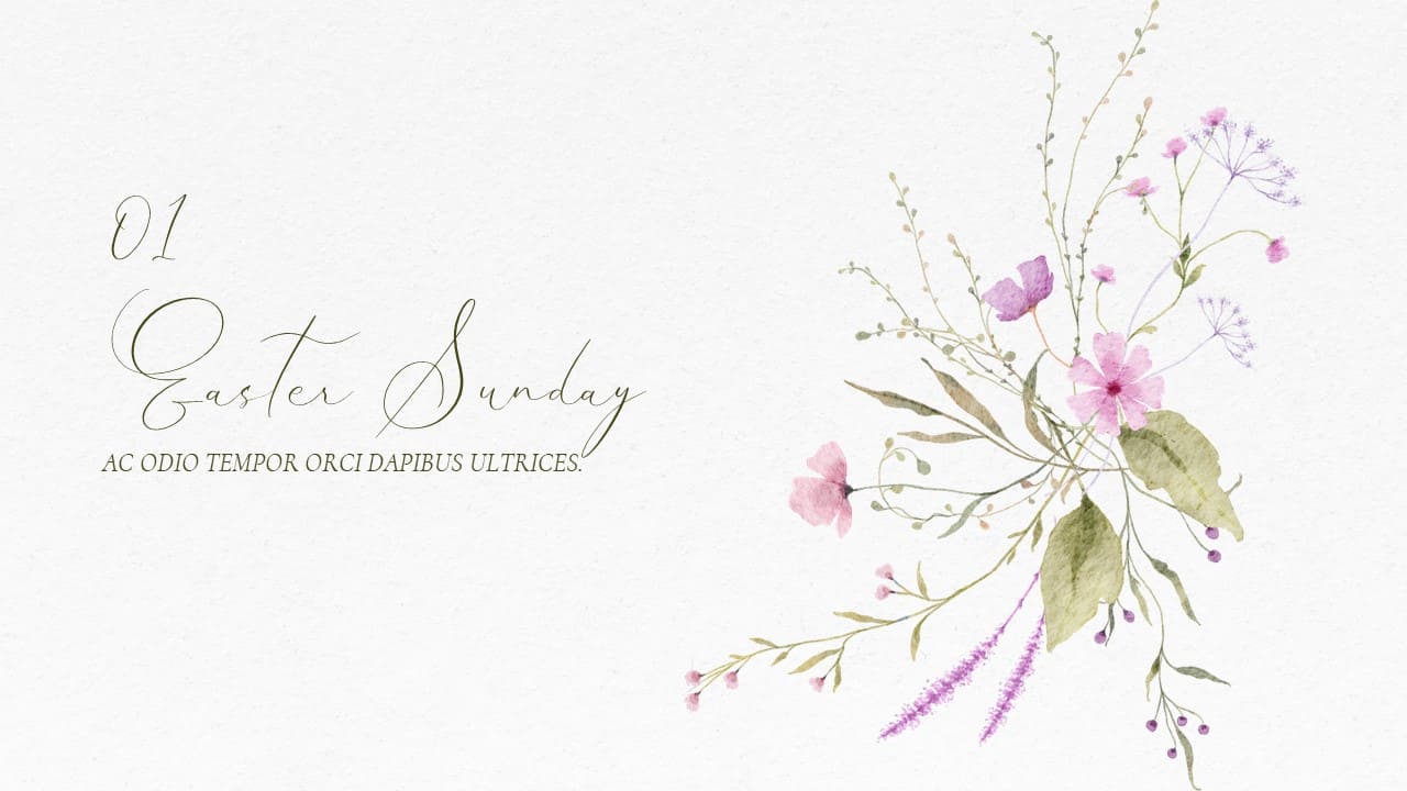 Black lettering "Easter Sunday" and flower illustration on a gray background.