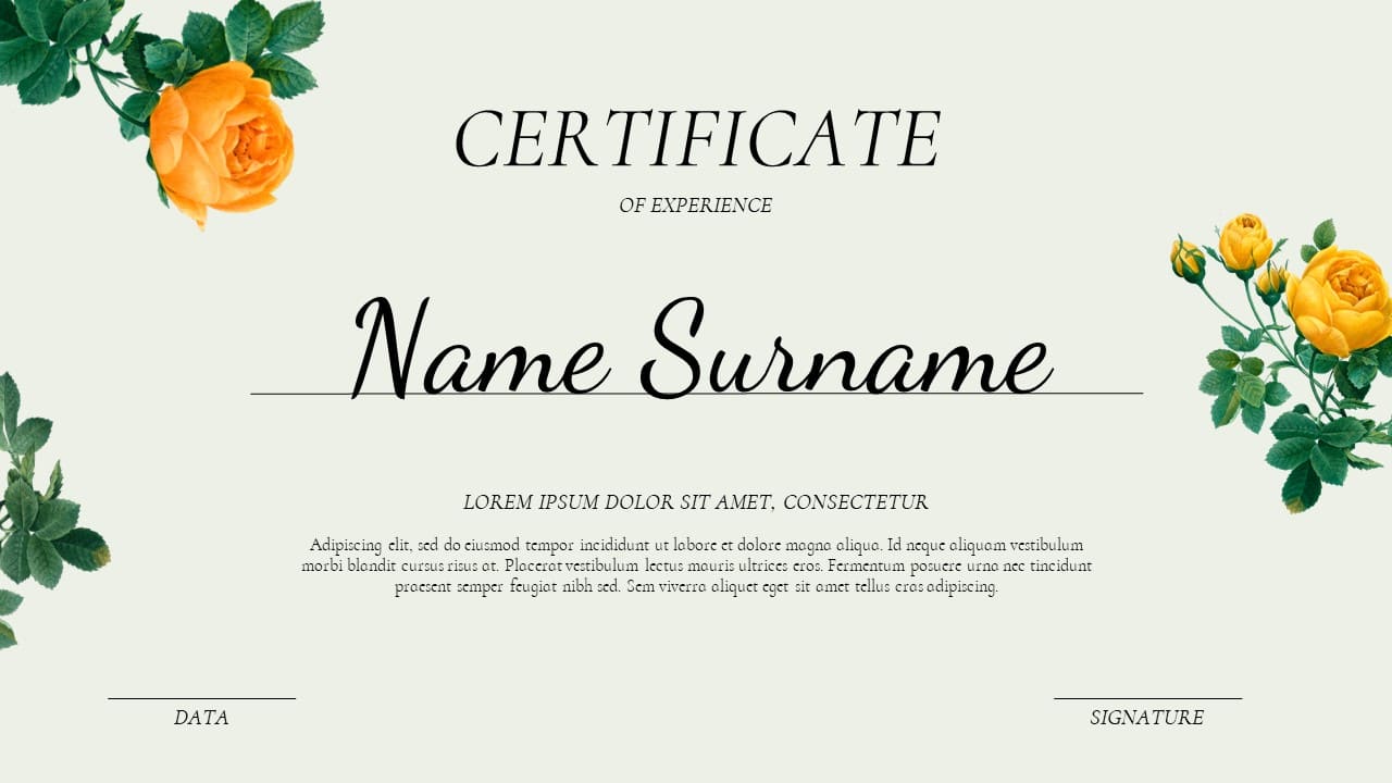 Slide with a certificate in the name of the surname.