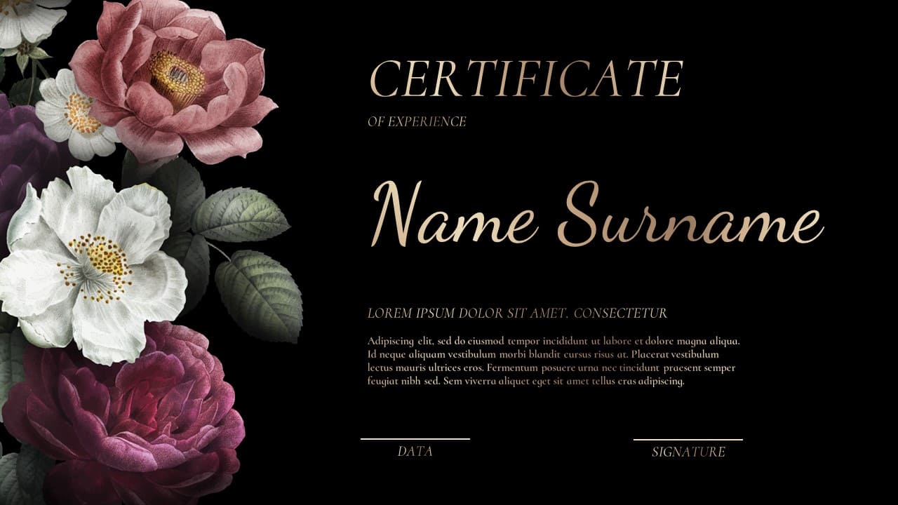 A slide with white certificate on a black background with flowers.