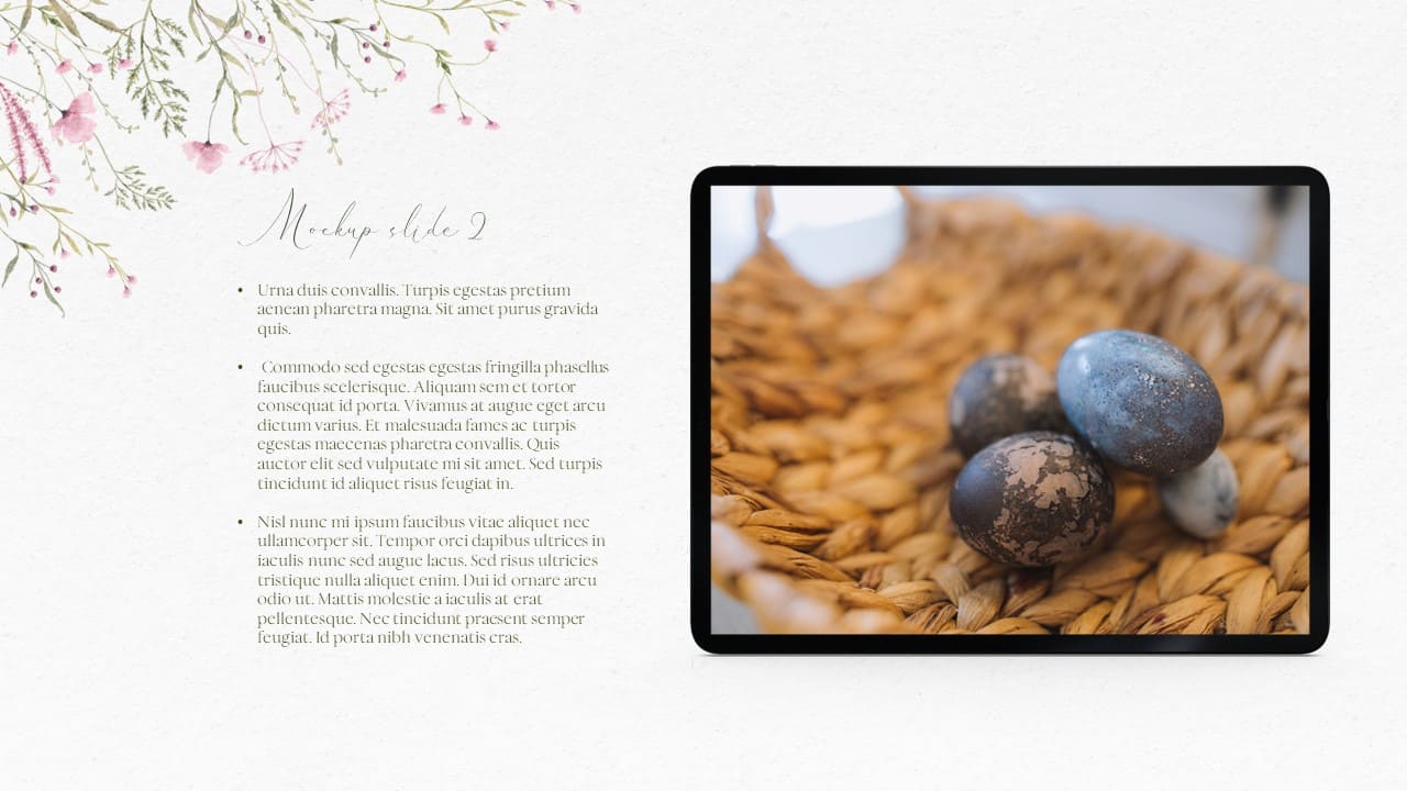 Ipad mockup with image of easter eggs and text section.